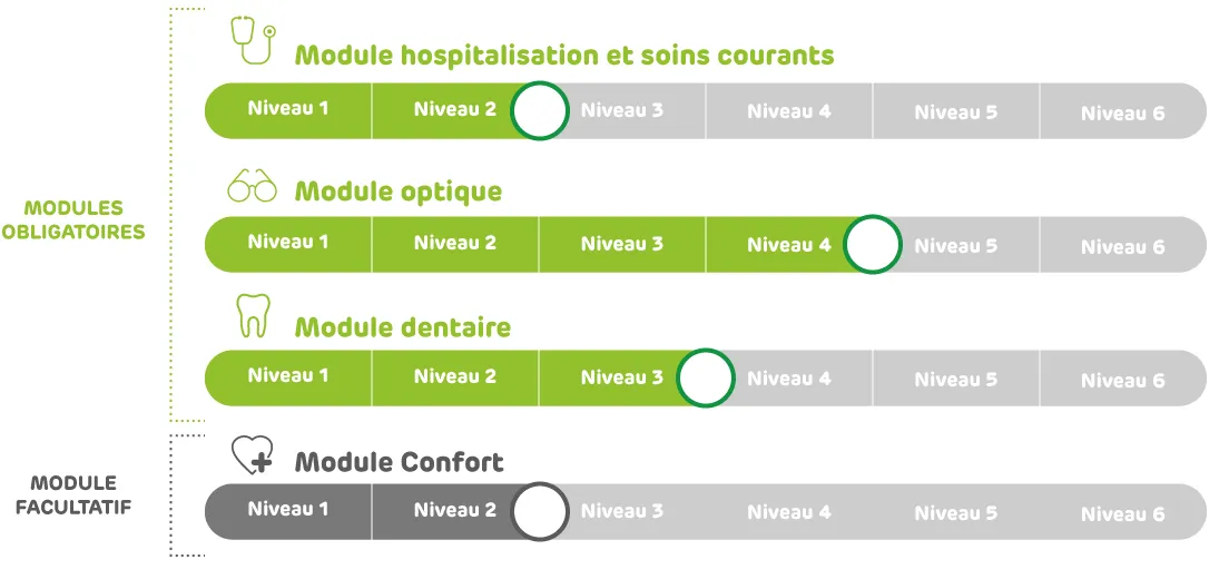 6 niveaux de garanties par module de soin avec la complémentaire santé EMOA santé entreprise